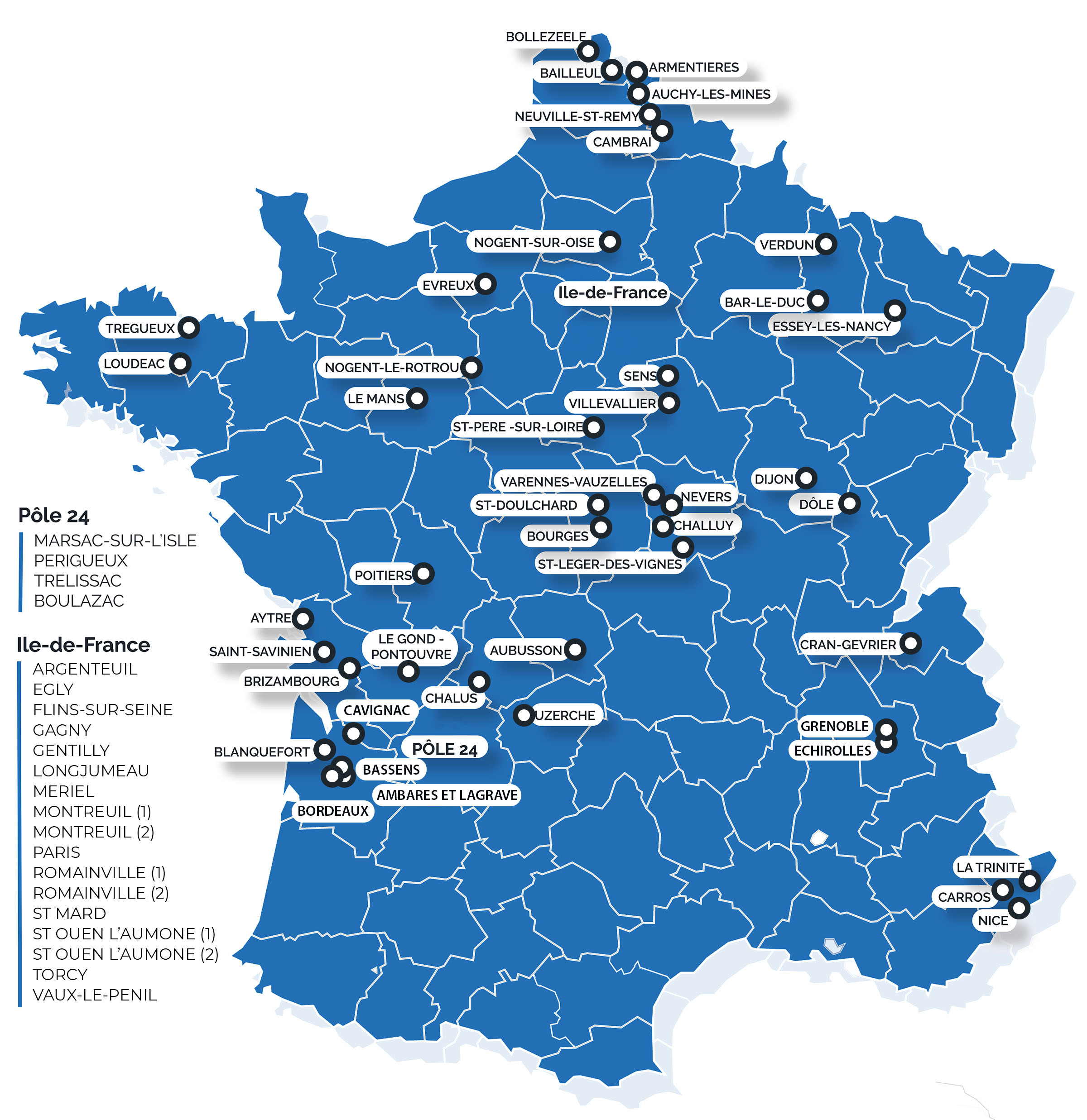 Carte de France répertoriant les centres CABM
